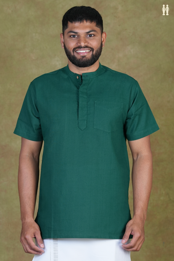 Chinese Collar Plain Forest Green Cotton Short Kurta