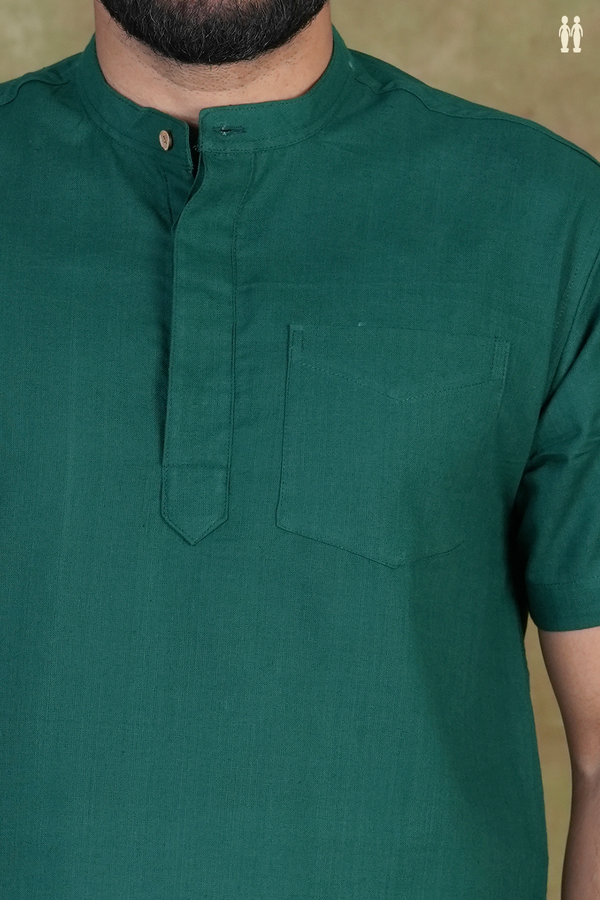 Chinese Collar Plain Forest Green Cotton Short Kurta