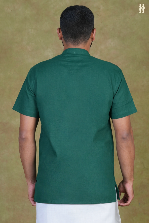 Chinese Collar Plain Forest Green Cotton Short Kurta