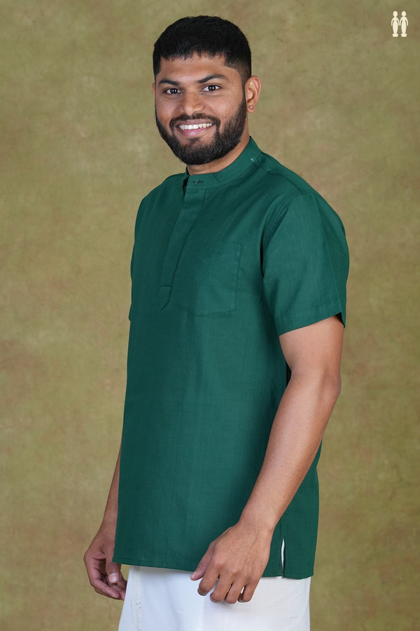 Chinese Collar Plain Forest Green Cotton Short Kurta