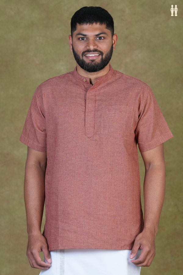 Chinese Collar Plain Brick Brown Cotton Short Kurta