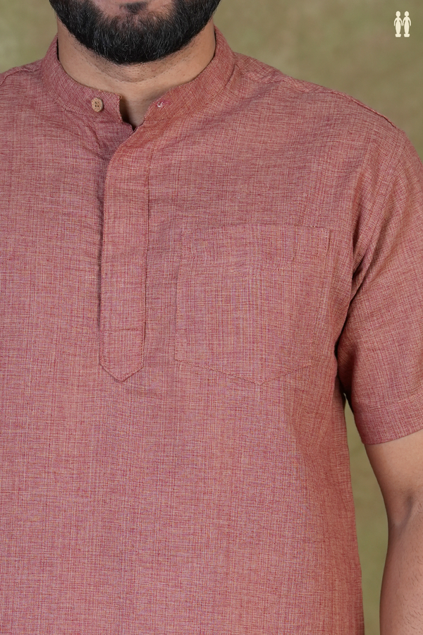 Chinese Collar Plain Brick Brown Cotton Short Kurta