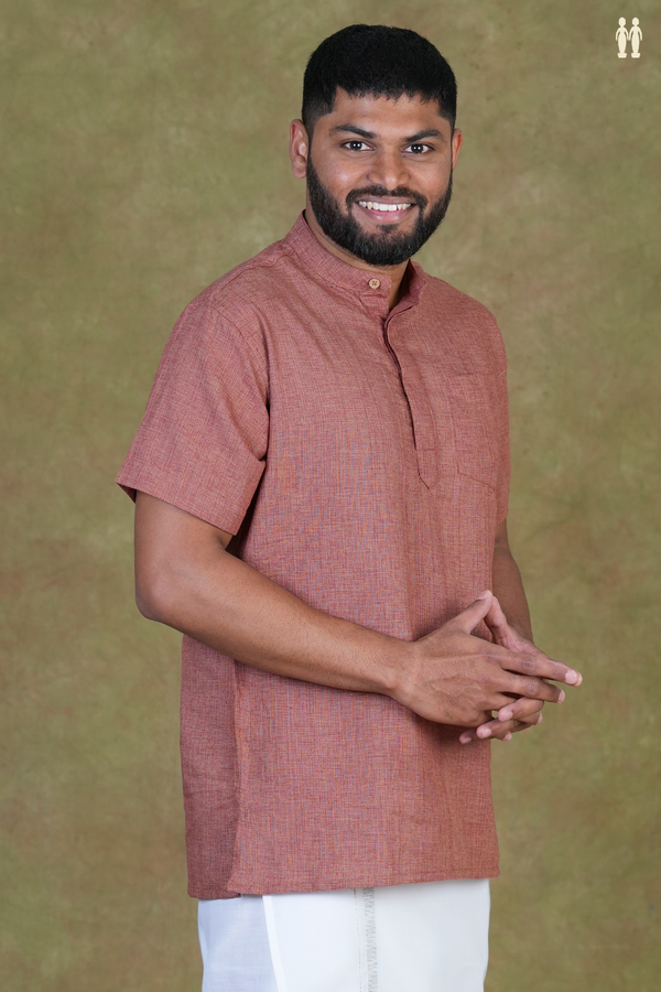 Chinese Collar Plain Brick Brown Cotton Short Kurta
