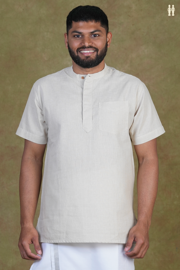 Chinese Collar Plain Cream Color Cotton Short Kurta