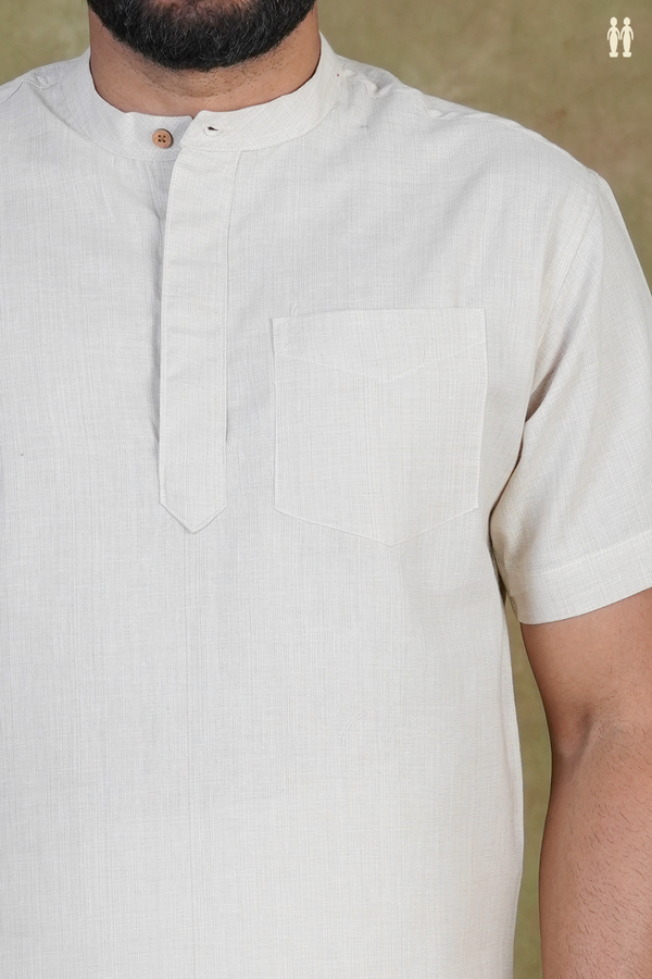 Chinese Collar Plain Cream Color Cotton Short Kurta