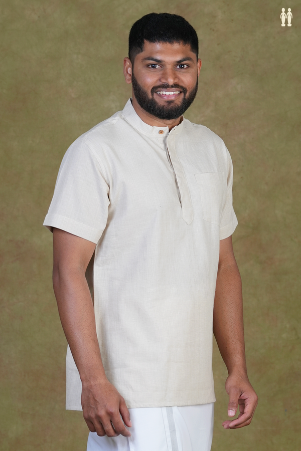 Chinese Collar Plain Cream Color Cotton Short Kurta
