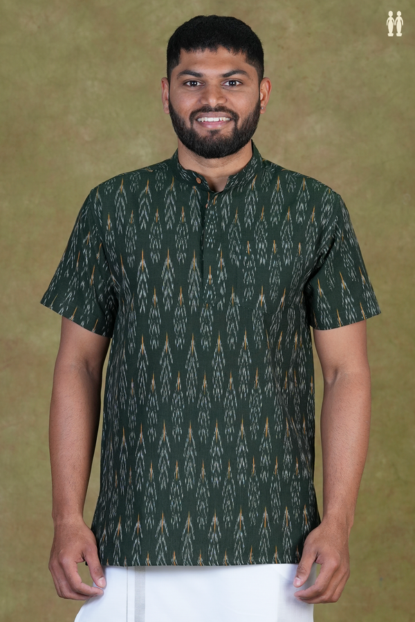 Chinese Collar Printed Design Dark Green Cotton Short Kurta