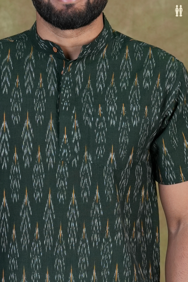Chinese Collar Printed Design Dark Green Cotton Short Kurta