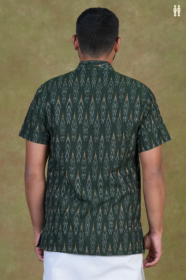 Chinese Collar Printed Design Dark Green Cotton Short Kurta