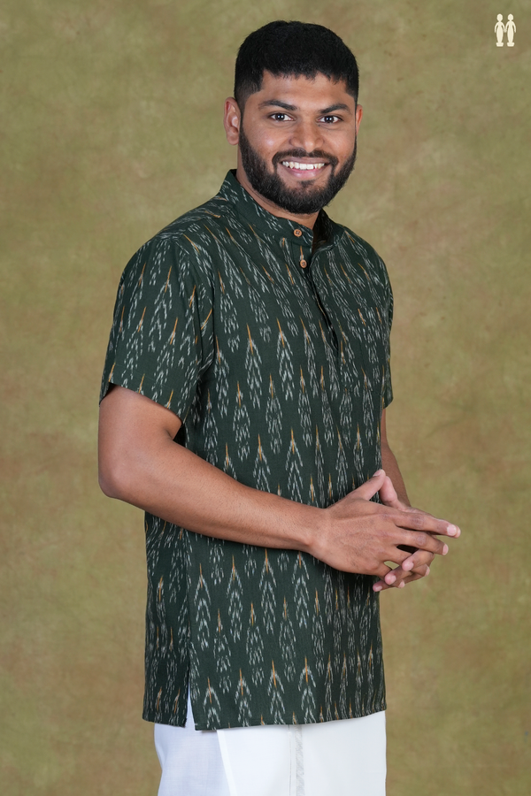 Chinese Collar Printed Design Dark Green Cotton Short Kurta
