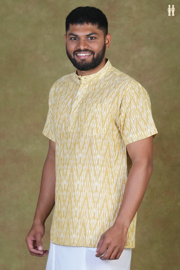 Chinese Collar Chevron Design Brown Cotton Short Kurta