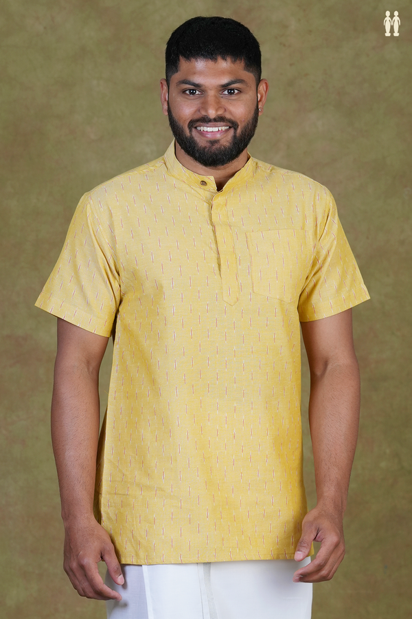 Chinese Collar Ikat Buttas Light Yellow Cotton Short Kurta
