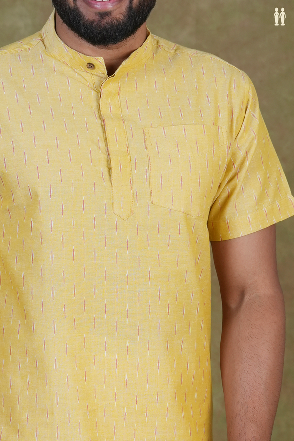 Chinese Collar Ikat Buttas Light Yellow Cotton Short Kurta