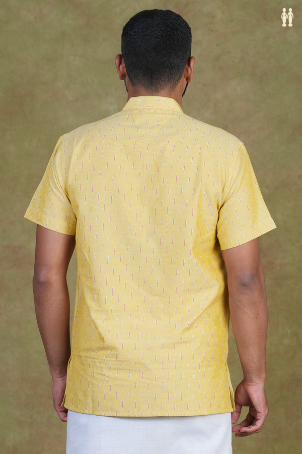 Chinese Collar Ikat Buttas Light Yellow Cotton Short Kurta