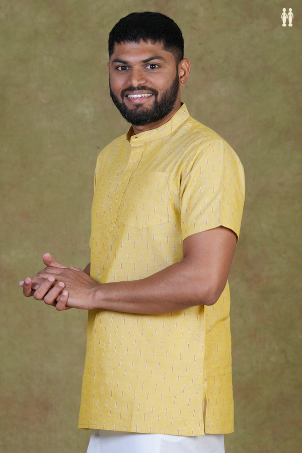 Chinese Collar Ikat Buttas Light Yellow Cotton Short Kurta