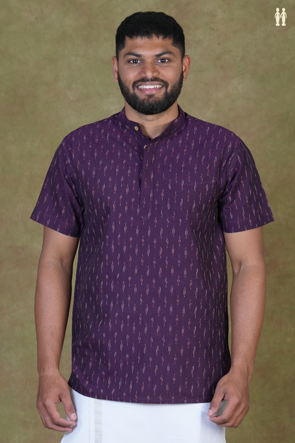 Chinese Collar Ikat Buttas Purple Cotton Short Kurta