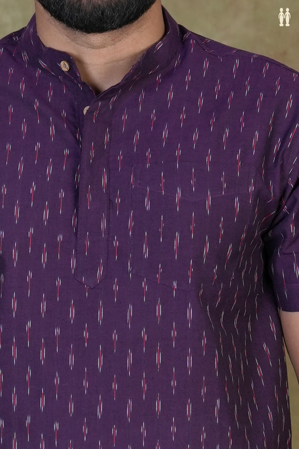 Chinese Collar Ikat Buttas Purple Cotton Short Kurta