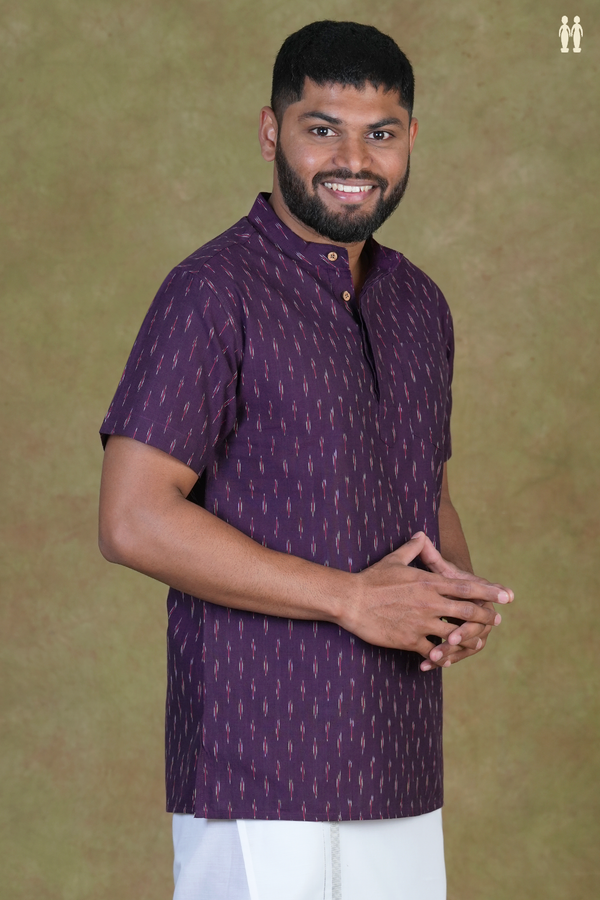Chinese Collar Ikat Buttas Purple Cotton Short Kurta