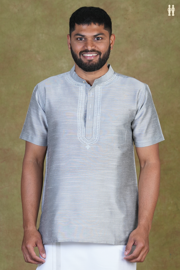 Chinese Collar Plain Grey Raw Silk Short Kurta