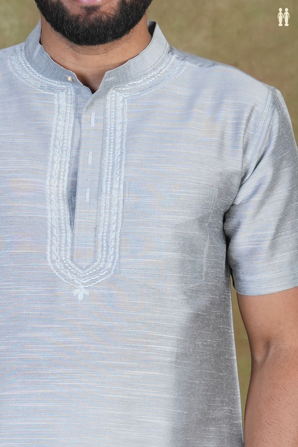 Chinese Collar Plain Grey Raw Silk Short Kurta