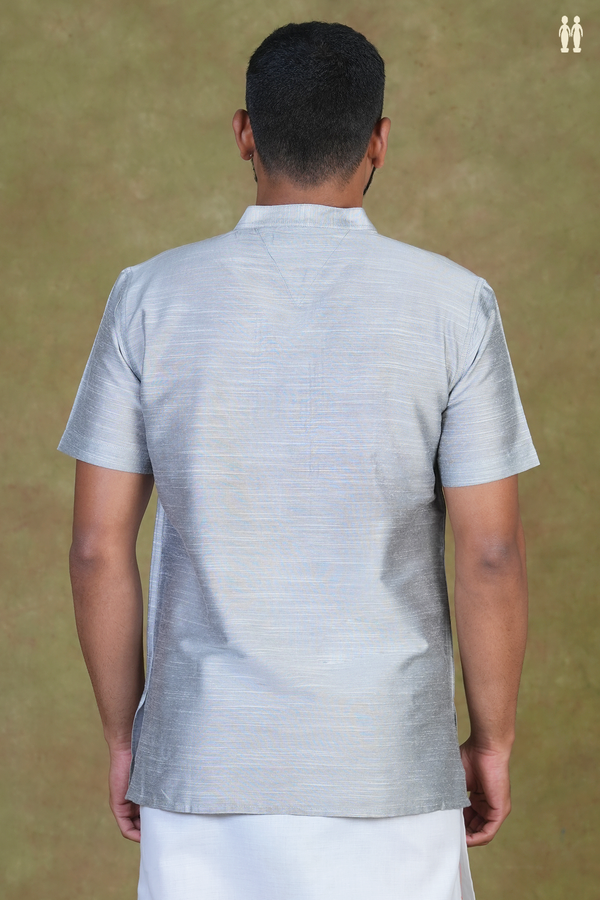 Chinese Collar Plain Grey Raw Silk Short Kurta