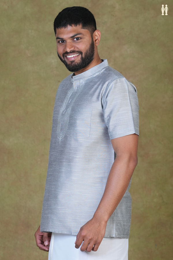 Chinese Collar Plain Grey Raw Silk Short Kurta