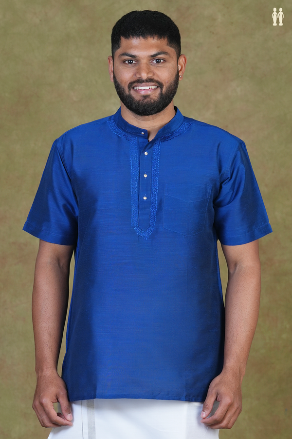 Chinese Collar Plain Royal Blue Raw Silk Short Kurta