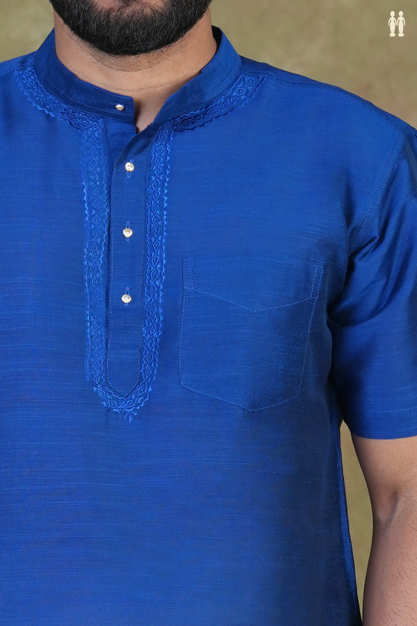 Chinese Collar Plain Royal Blue Raw Silk Short Kurta