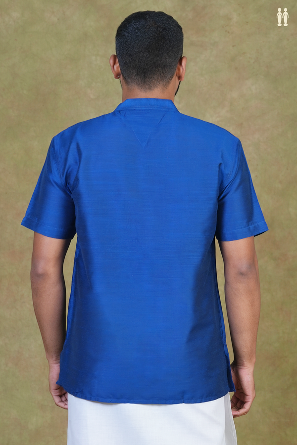 Chinese Collar Plain Royal Blue Raw Silk Short Kurta