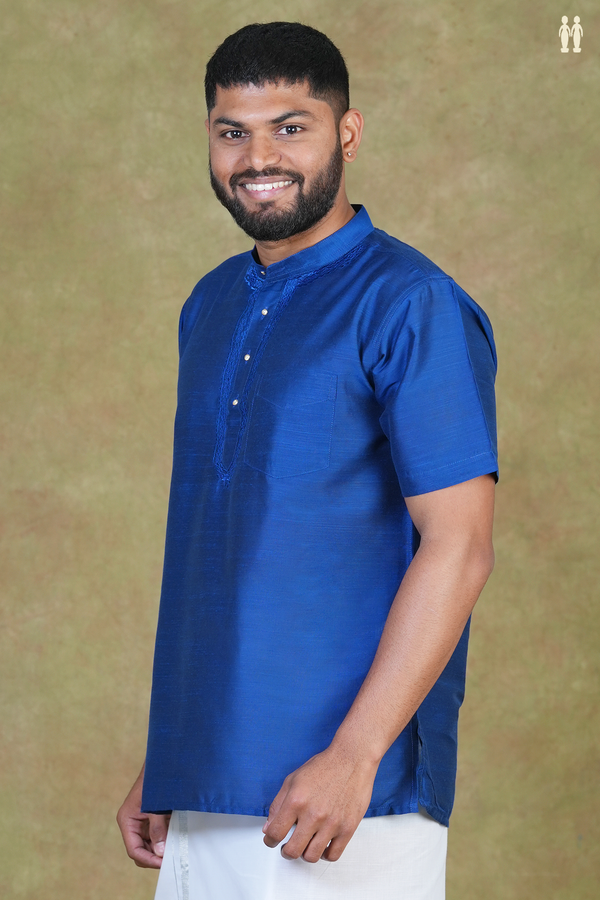 Chinese Collar Plain Royal Blue Raw Silk Short Kurta