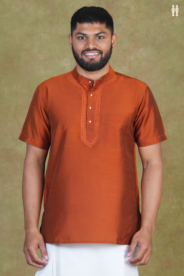 Chinese Collar Plain Saddle Brown Raw Silk Short Kurta