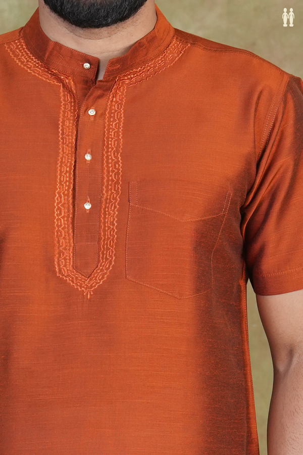 Chinese Collar Plain Saddle Brown Raw Silk Short Kurta