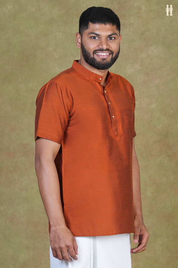 Chinese Collar Plain Saddle Brown Raw Silk Short Kurta