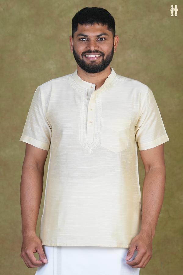 Chinese Collar Plain Cream Color Raw Silk Short Kurta