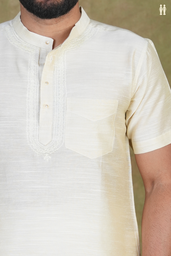 Chinese Collar Plain Cream Color Raw Silk Short Kurta