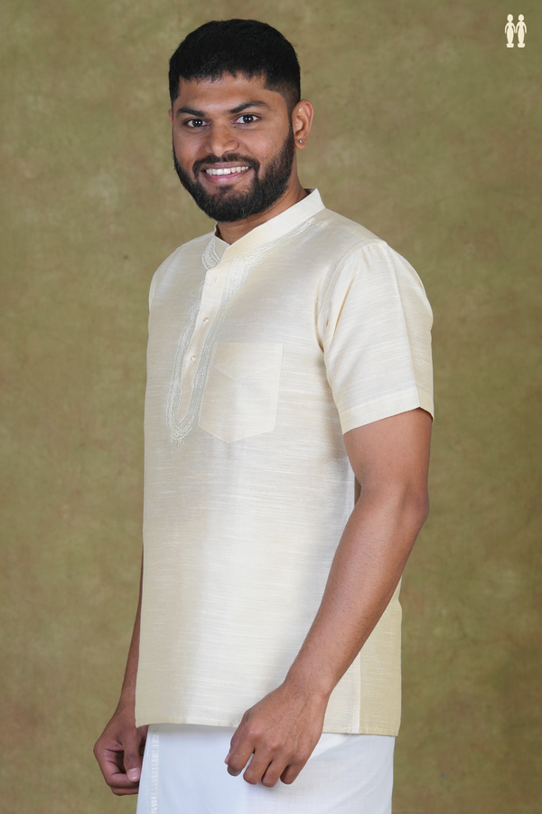 Chinese Collar Plain Cream Color Raw Silk Short Kurta