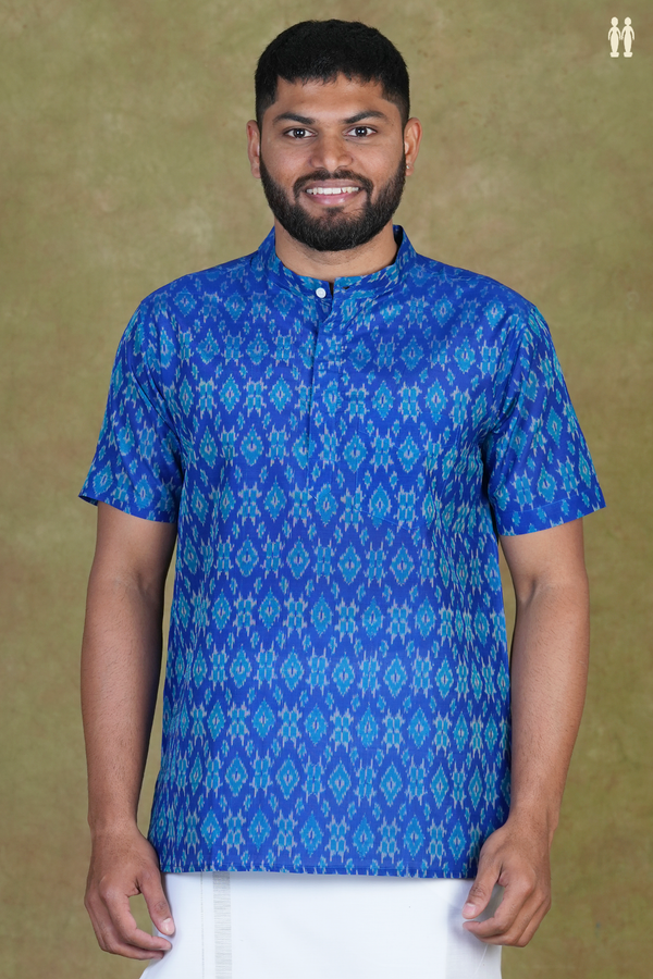 Chinese Collar Ikat Design Blue Pochampally Silk Short Kurta