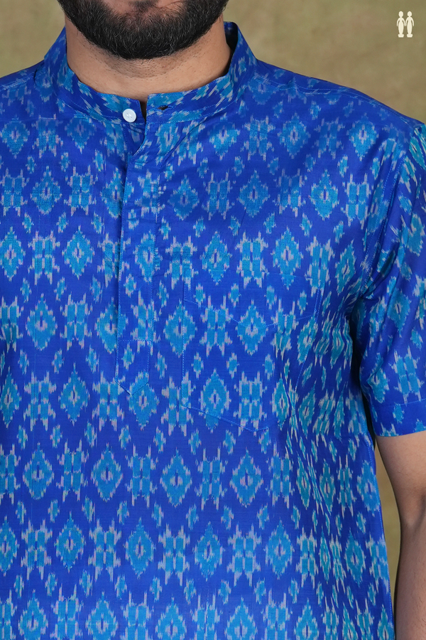 Chinese Collar Ikat Design Blue Pochampally Silk Short Kurta