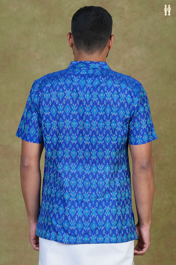 Chinese Collar Ikat Design Blue Pochampally Silk Short Kurta