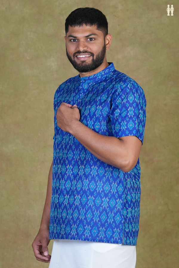 Chinese Collar Ikat Design Blue Pochampally Silk Short Kurta