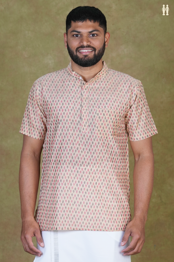 Chinese Collar Ikat Buttas Brown Pochampally Silk Short Kurta