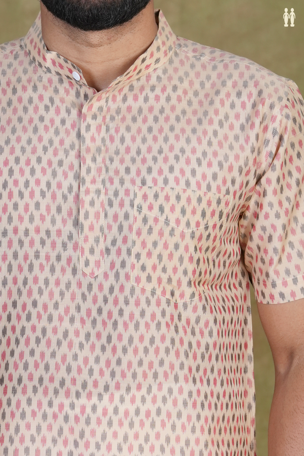 Chinese Collar Ikat Buttas Brown Pochampally Silk Short Kurta