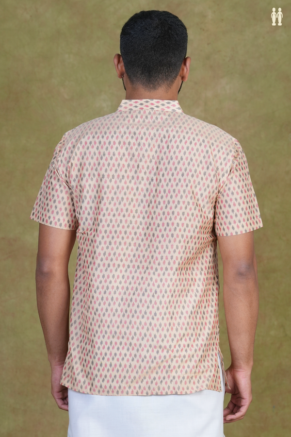 Chinese Collar Ikat Buttas Brown Pochampally Silk Short Kurta