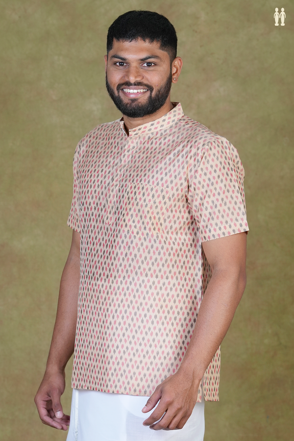 Chinese Collar Ikat Buttas Brown Pochampally Silk Short Kurta