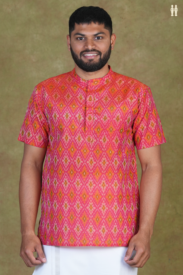 Chinese Collar Ikat Design Pink Pochampally Silk Short Kurta