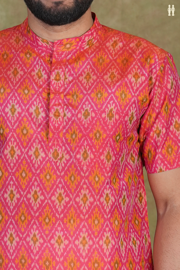Chinese Collar Ikat Design Pink Pochampally Silk Short Kurta