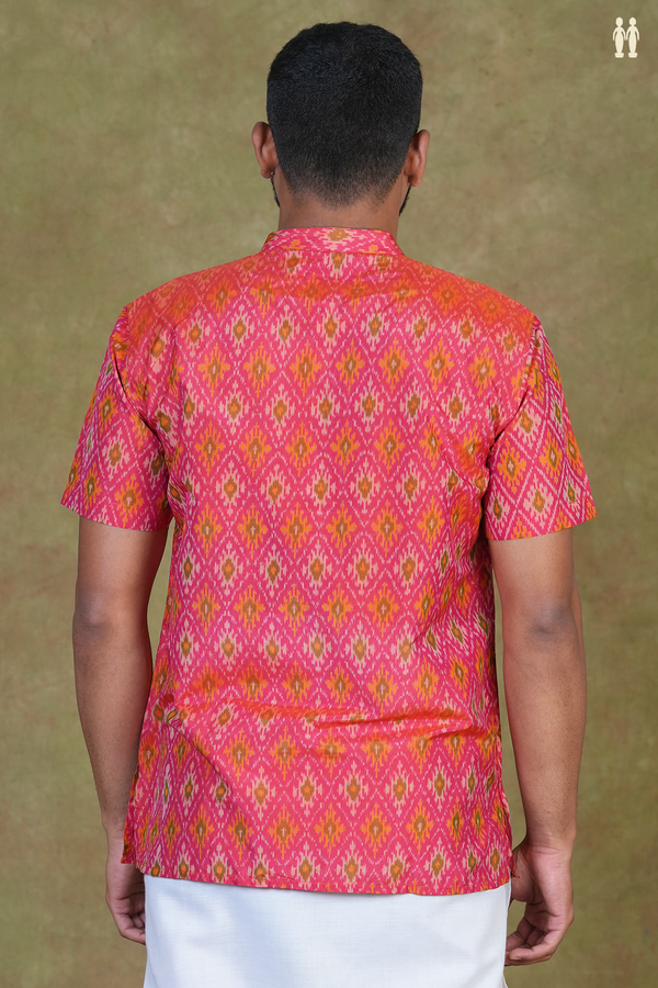 Chinese Collar Ikat Design Pink Pochampally Silk Short Kurta