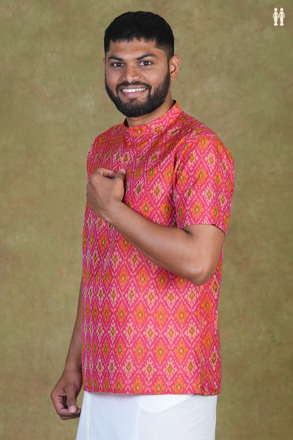 Chinese Collar Ikat Design Pink Pochampally Silk Short Kurta