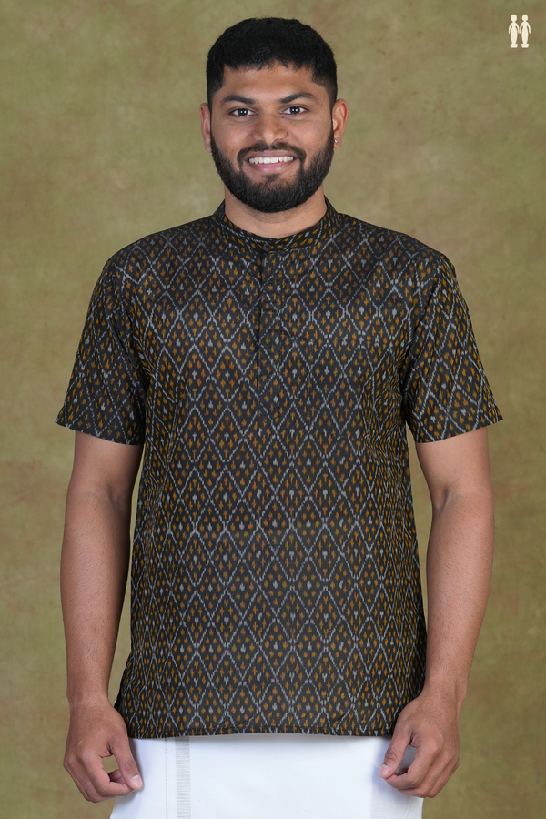 Chinese Collar Ikat Design Black Pochampally Silk Short Kurta