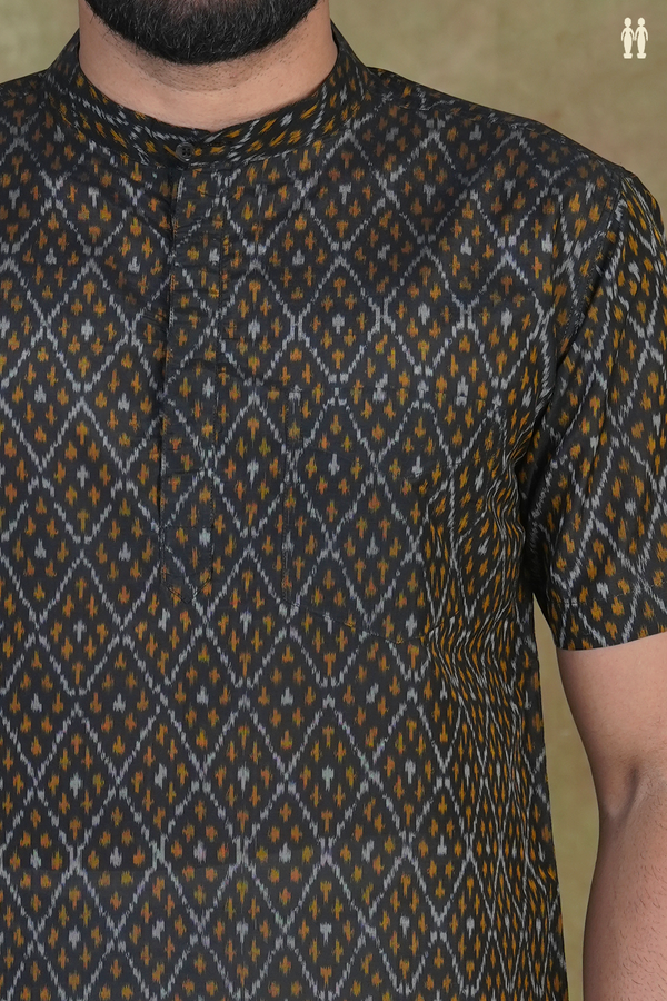 Chinese Collar Ikat Design Black Pochampally Silk Short Kurta